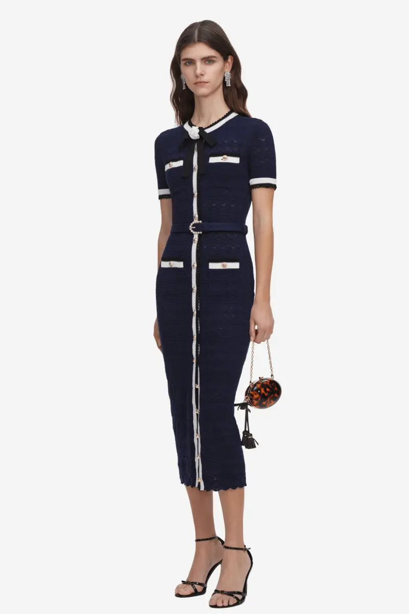 Pointelle Knit Midi Dress Navy