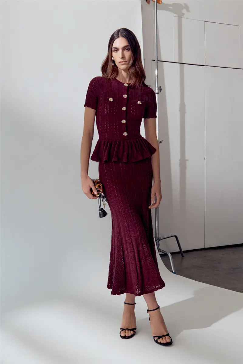 Pointelle Peplum Knit Midi Dress Burgundy