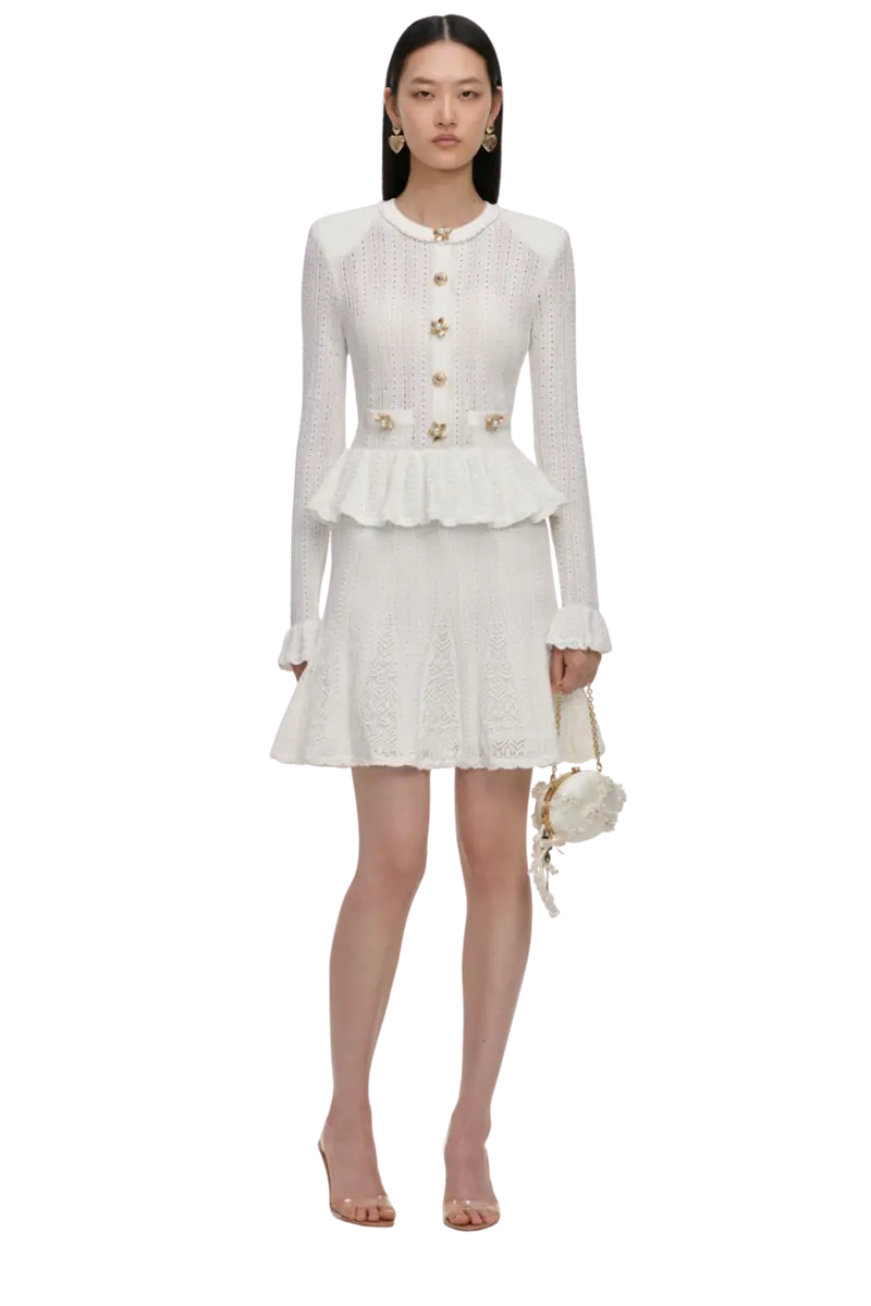 Pointelle Peplum Knit Mini Dress White