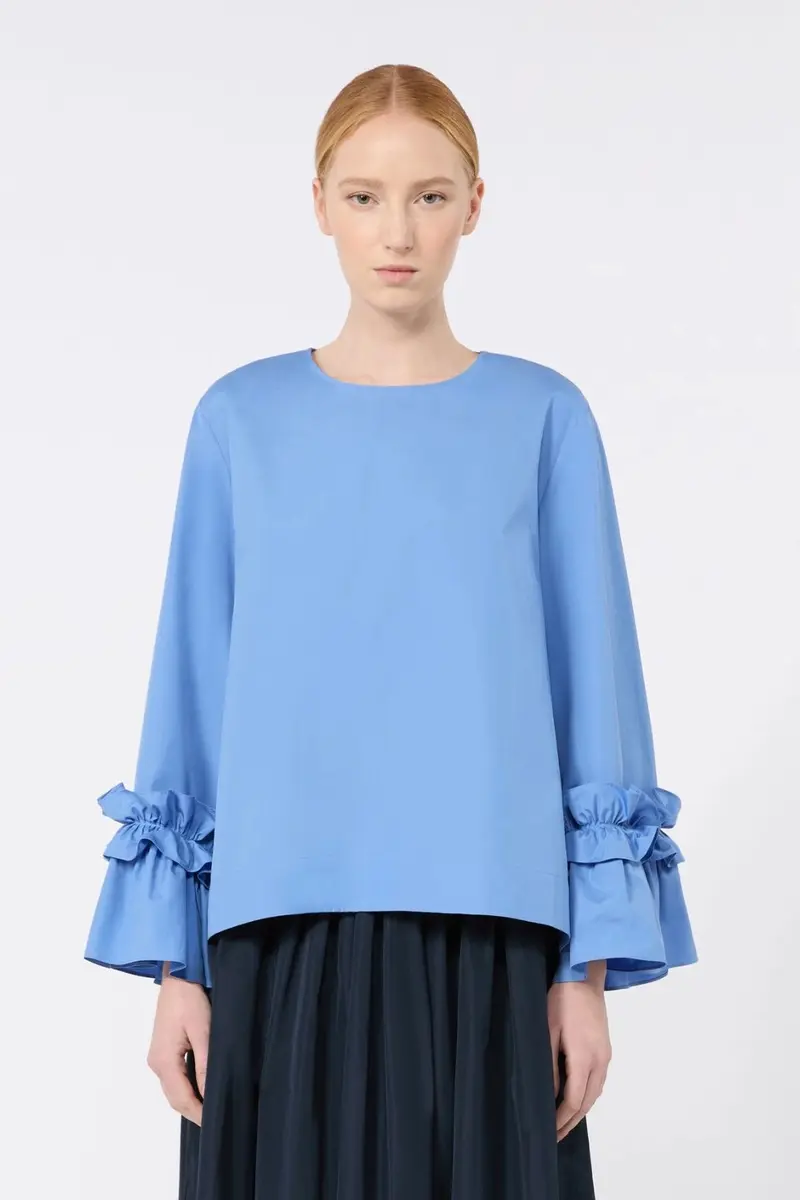 Poplin Blouse with Ruffles and Flounces Blouse Azure Blue