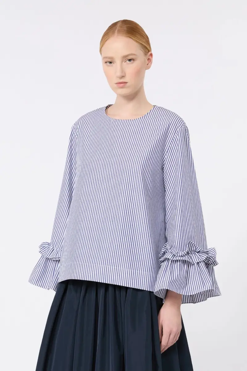Poplin Blouse with Ruffles and Flounces Light Blue Stripe