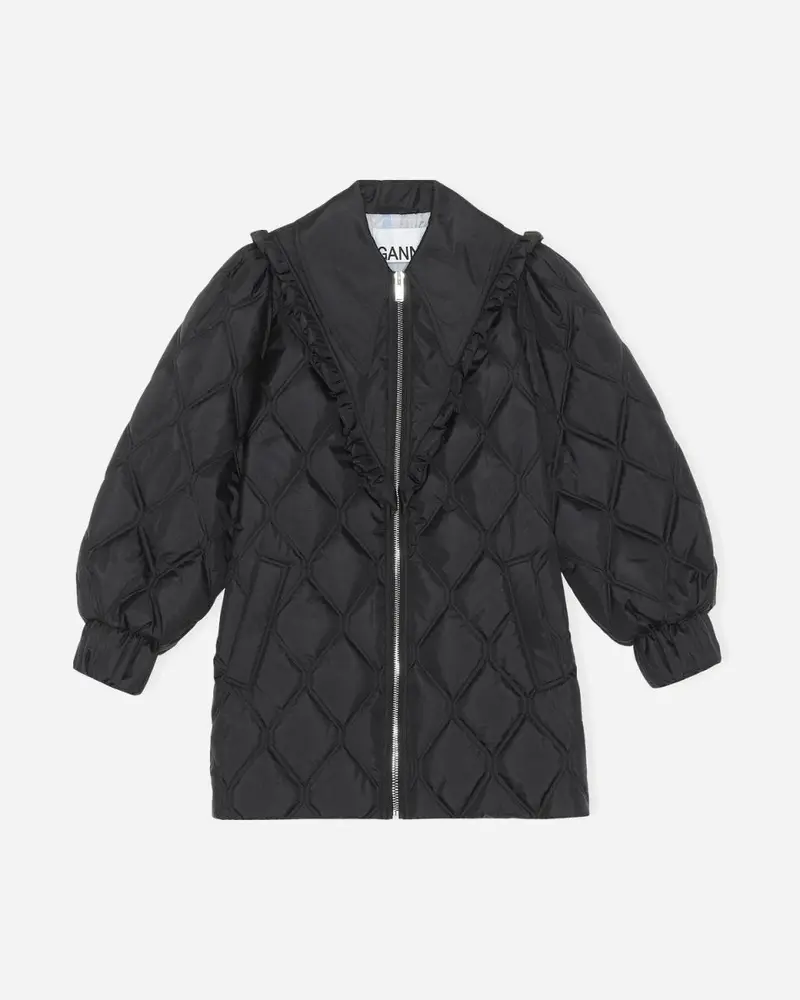 Recycled Ripstop Quilt Frill Coat - Black