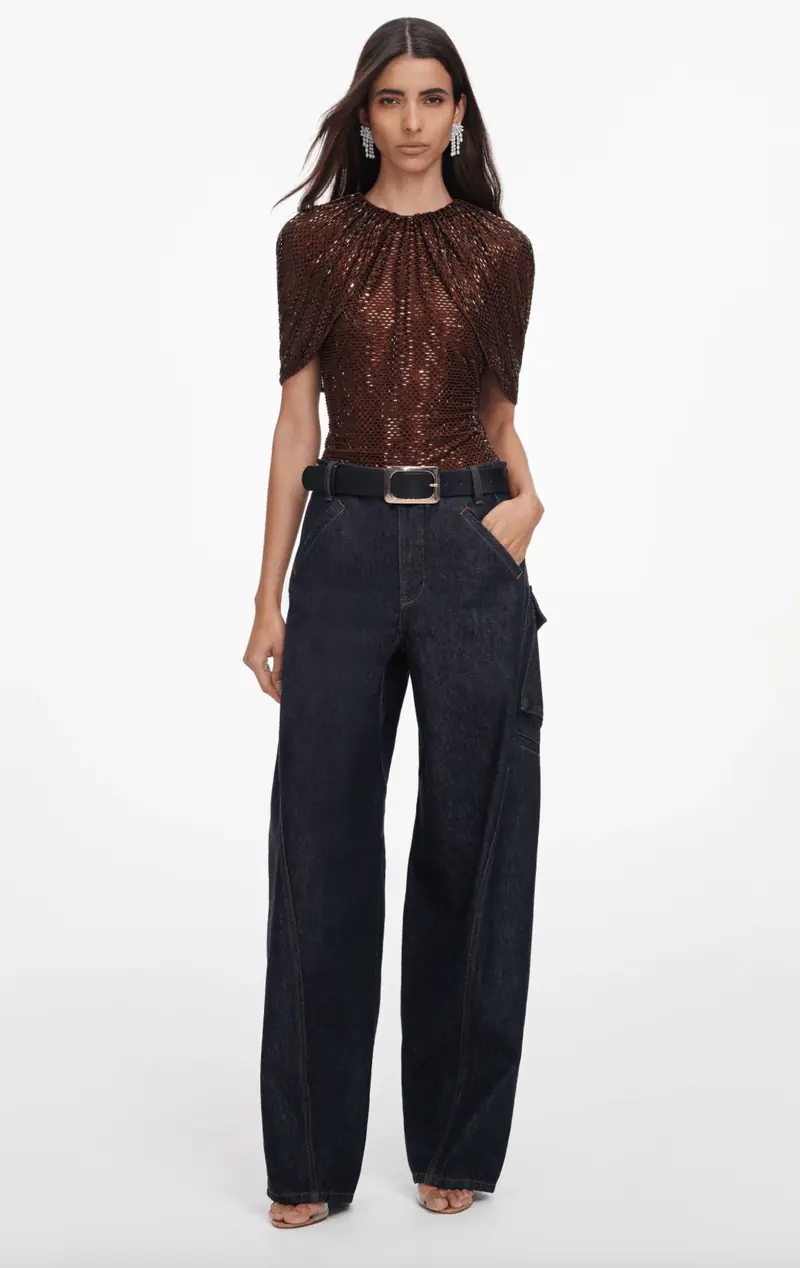 Rhinestone Cape Sleeve Top Brown