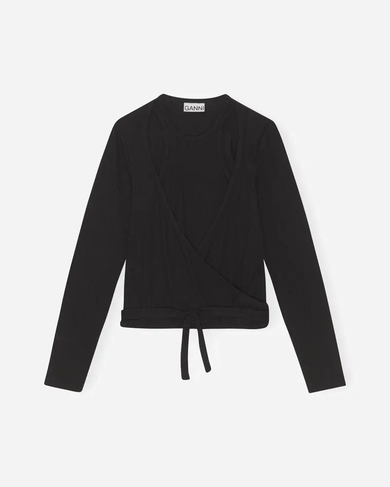 Rib Jersey Wrap Blouse - Black