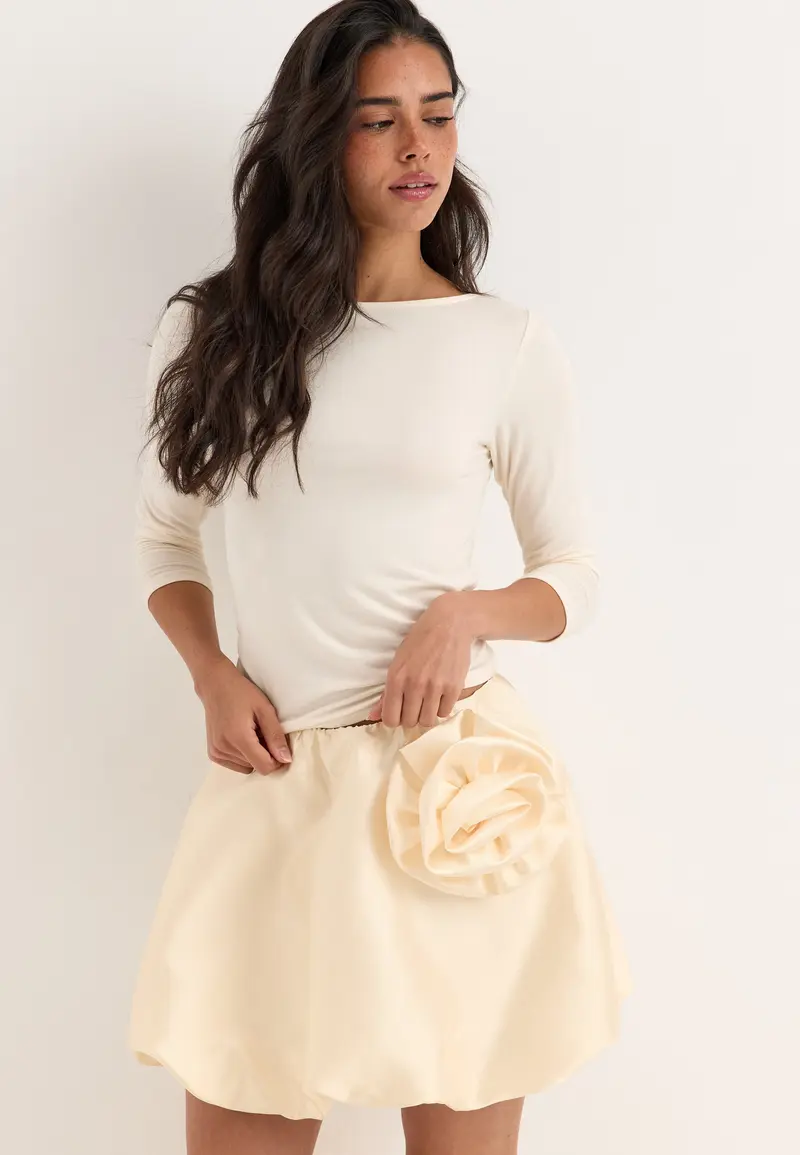 Rose Bubble-Hem Satin Mini Skirt/Top