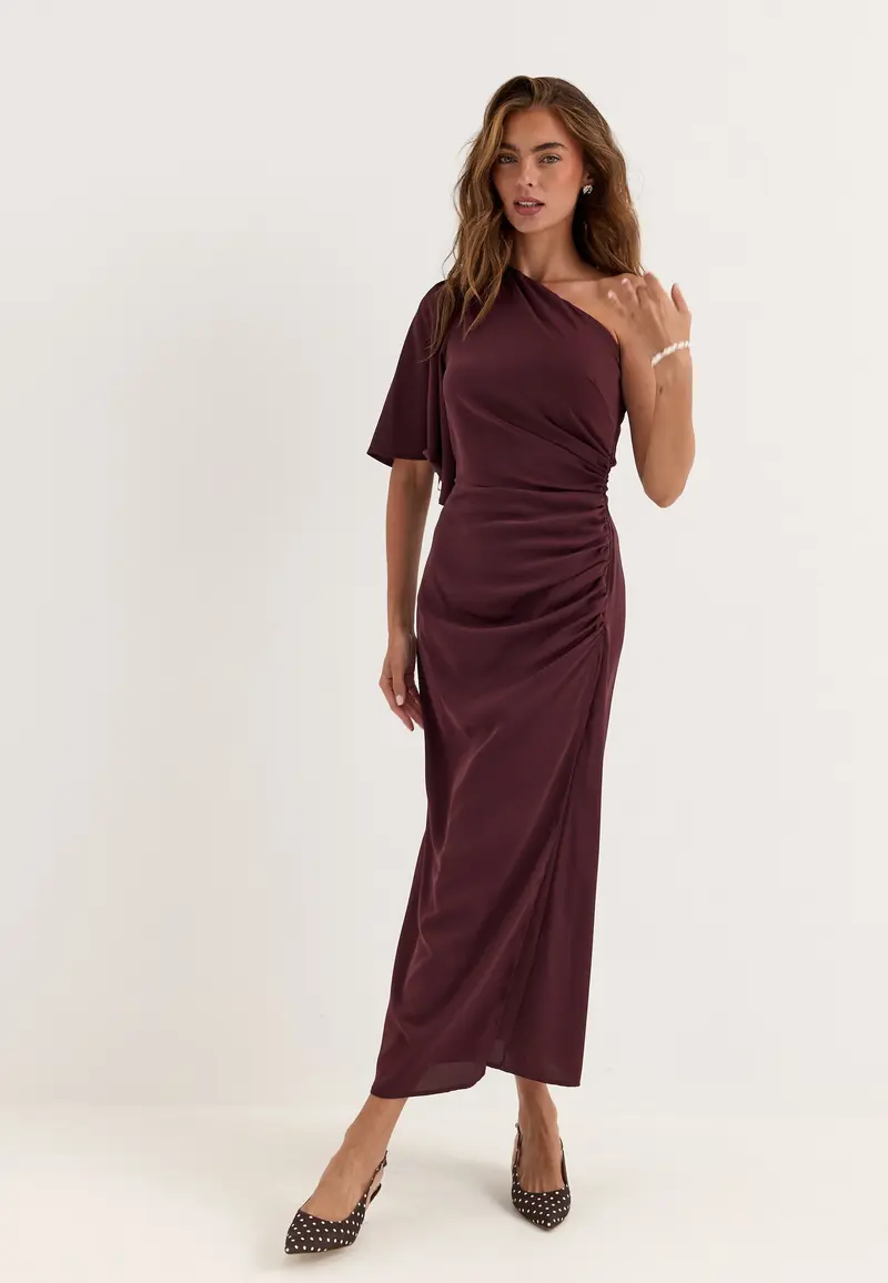 Ruched One Shoulder Midi Dress