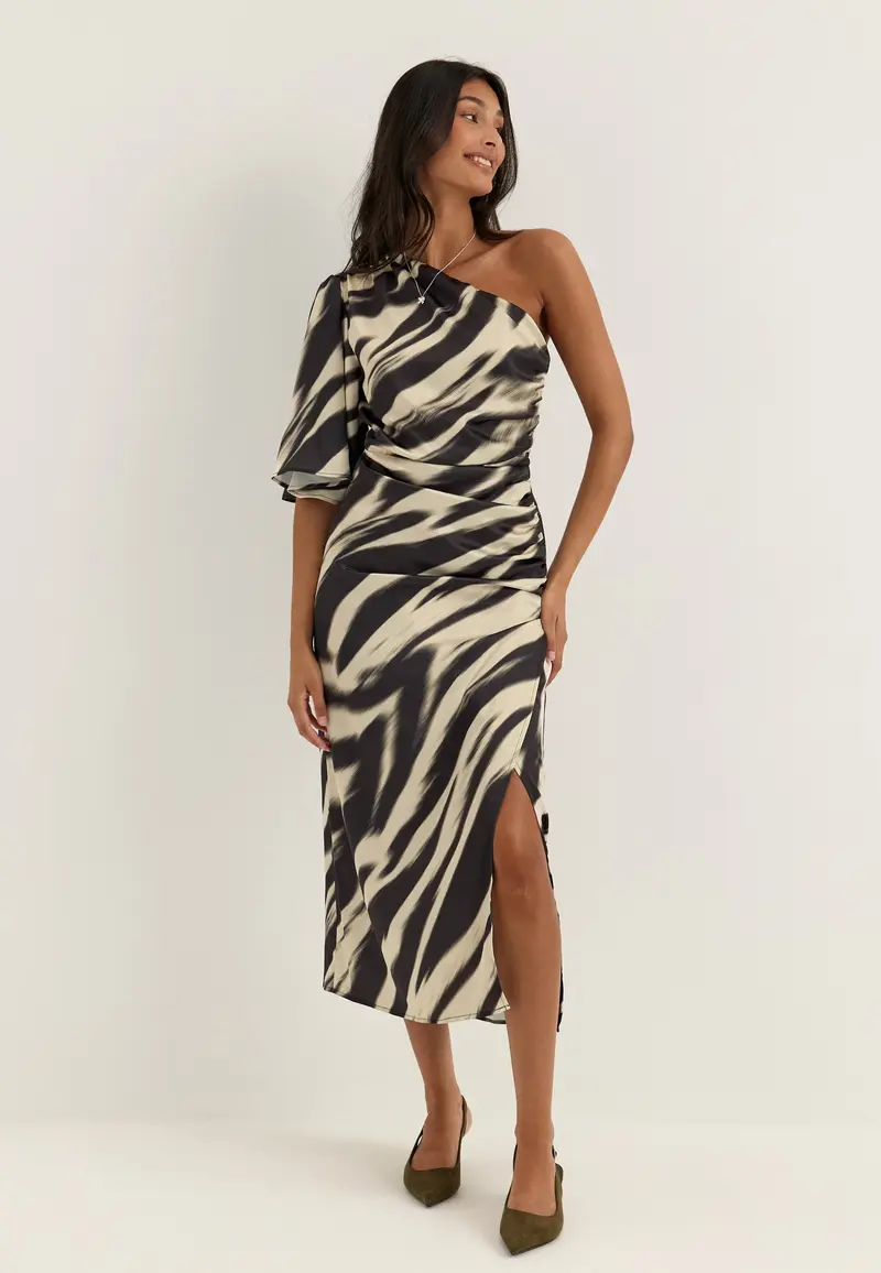 Ruched One Shoulder Satin Midi Dress