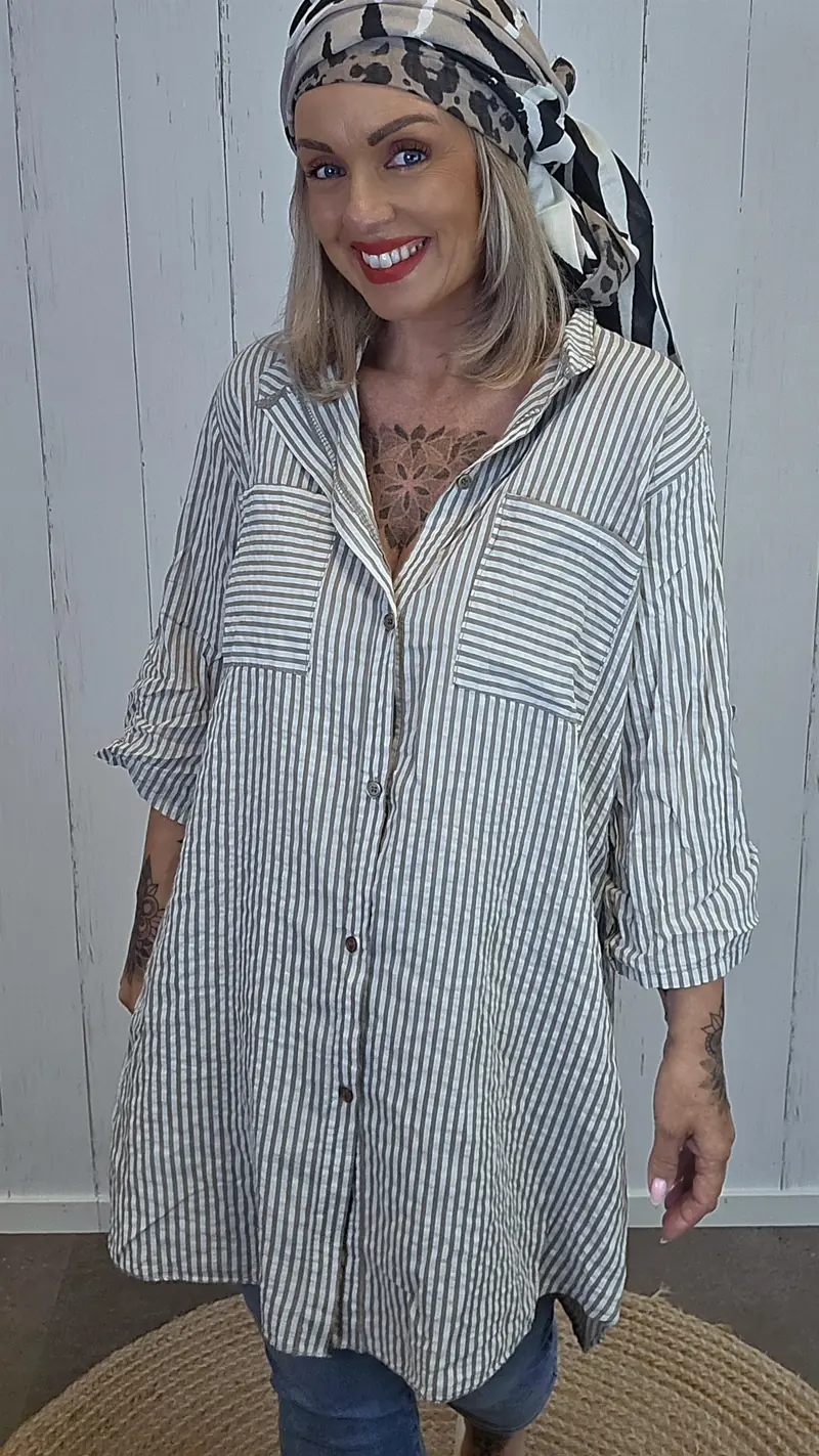 Sally stripet skjortekjole taupe