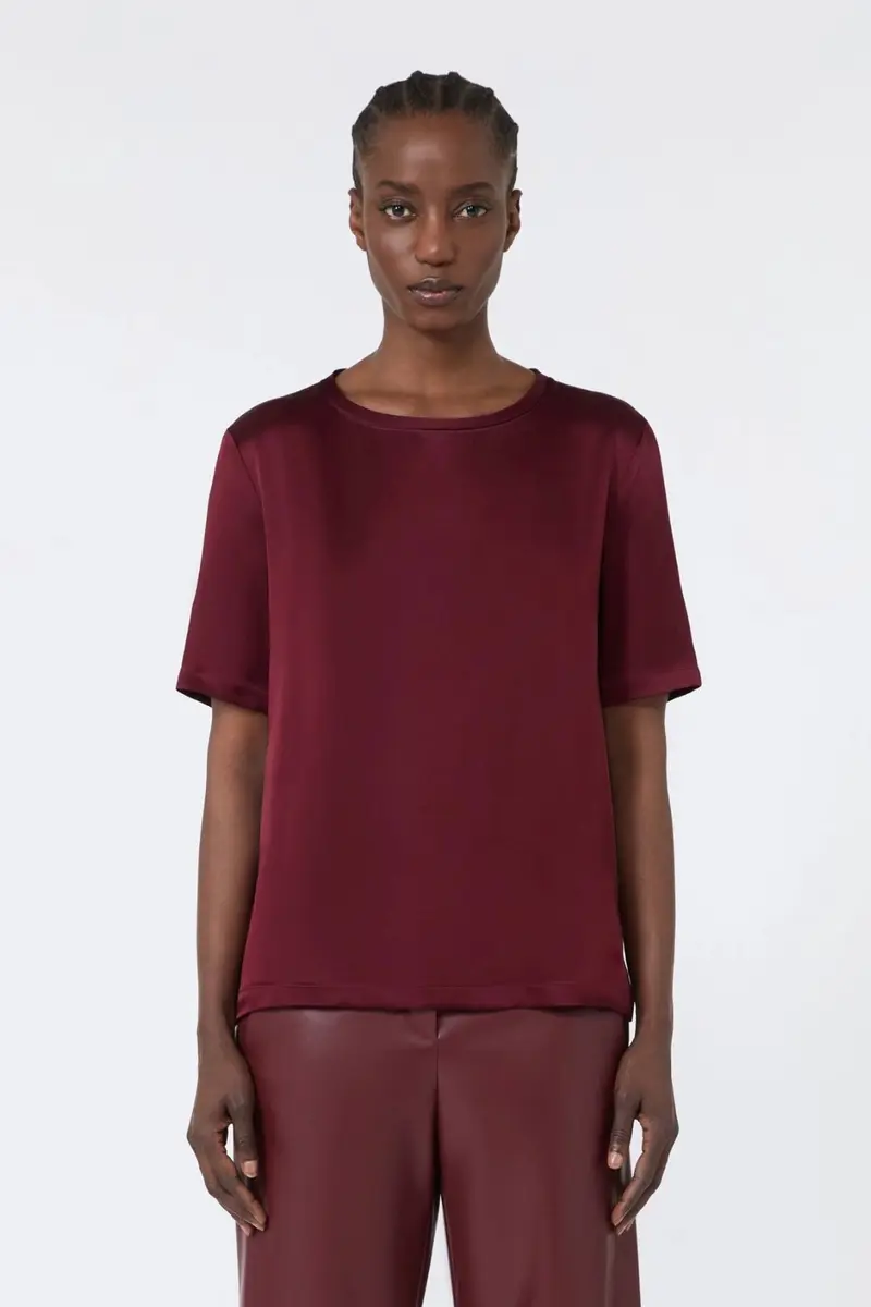 Satin Crew-Neck Blouse Bordeaux