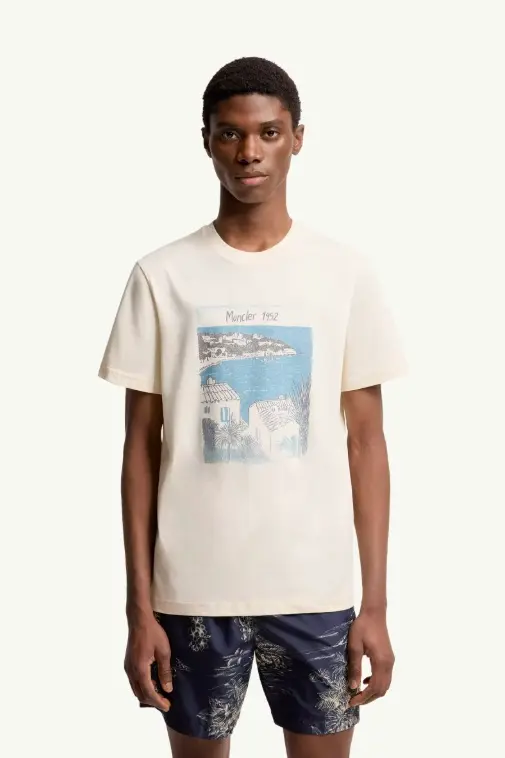 Seaside Print Cotton T-Shirt Open White