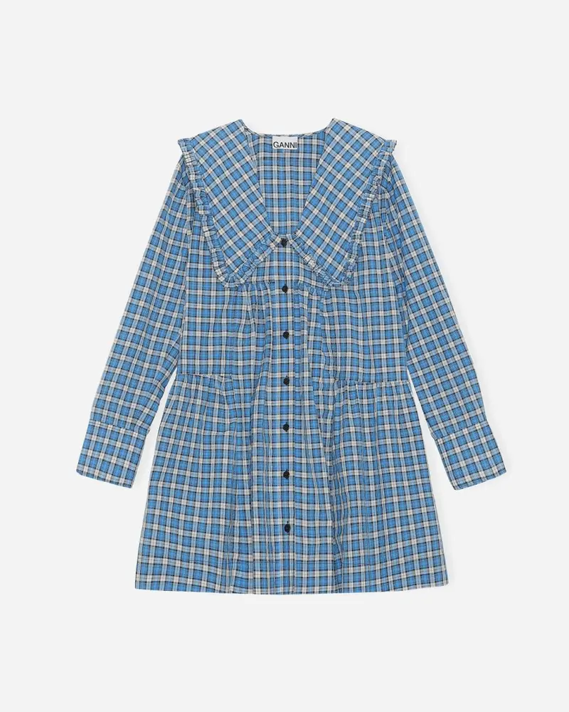 Seersucker Check Gathered Panel Wide Shirt Dress - Check Azure Blue