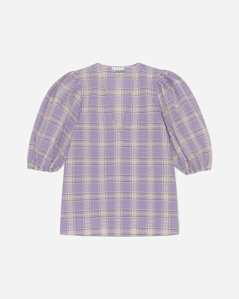 Seersucker Check V-neck Blouse - Check Persian Violet