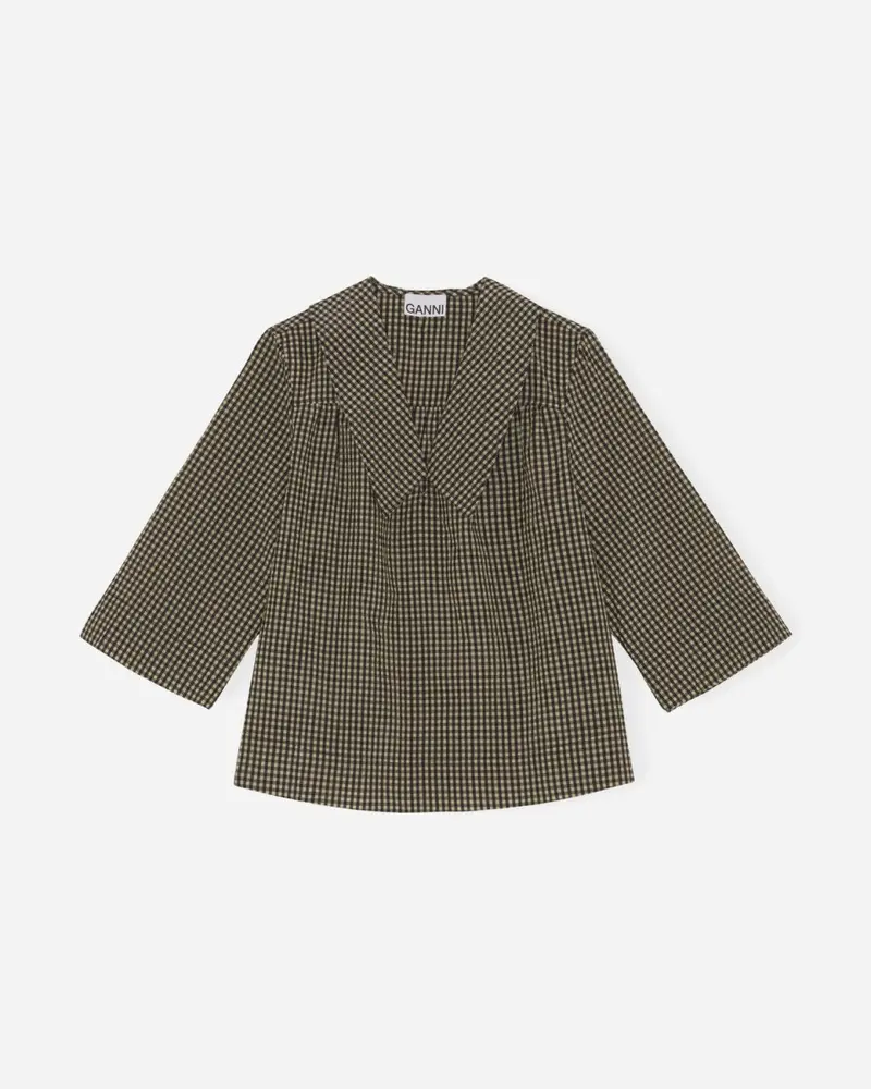 Seersucker Check V-neck Collar Blouse - Gingham Starfish