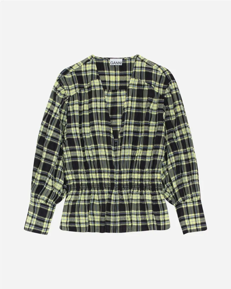 Seersucker Check V-neck Gathered Blouse - Check Elfin Yellow