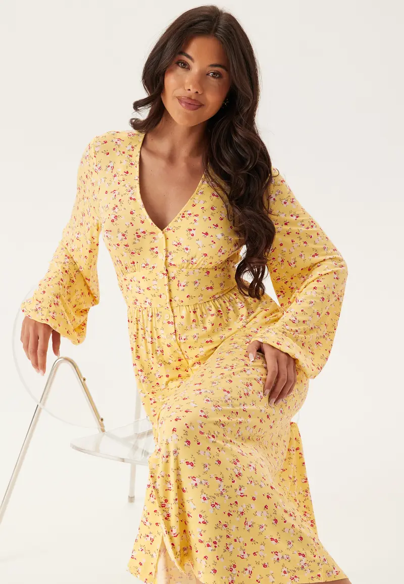 Soft Midi Button Volume Sleeve Dress