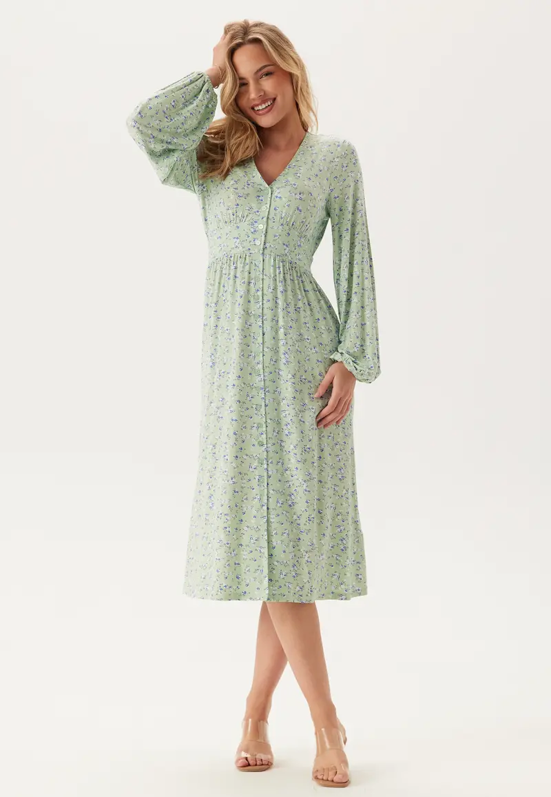 Soft Midi Button Volume Sleeve Dress