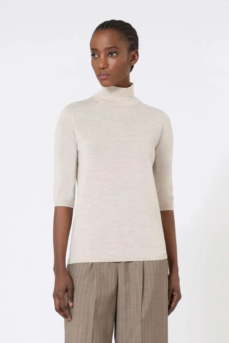 Stockinette-Stitched Wool Polo-Neck Sweater Powder