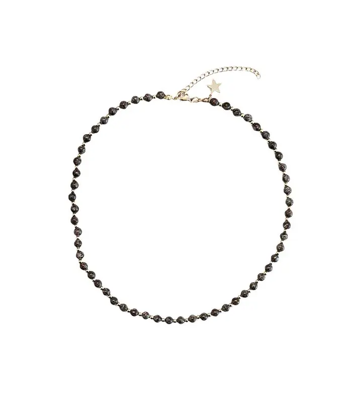 STONE BEAD NECKLACE 4MM W/ GOLD BEADS CHOCOLATE BROWN