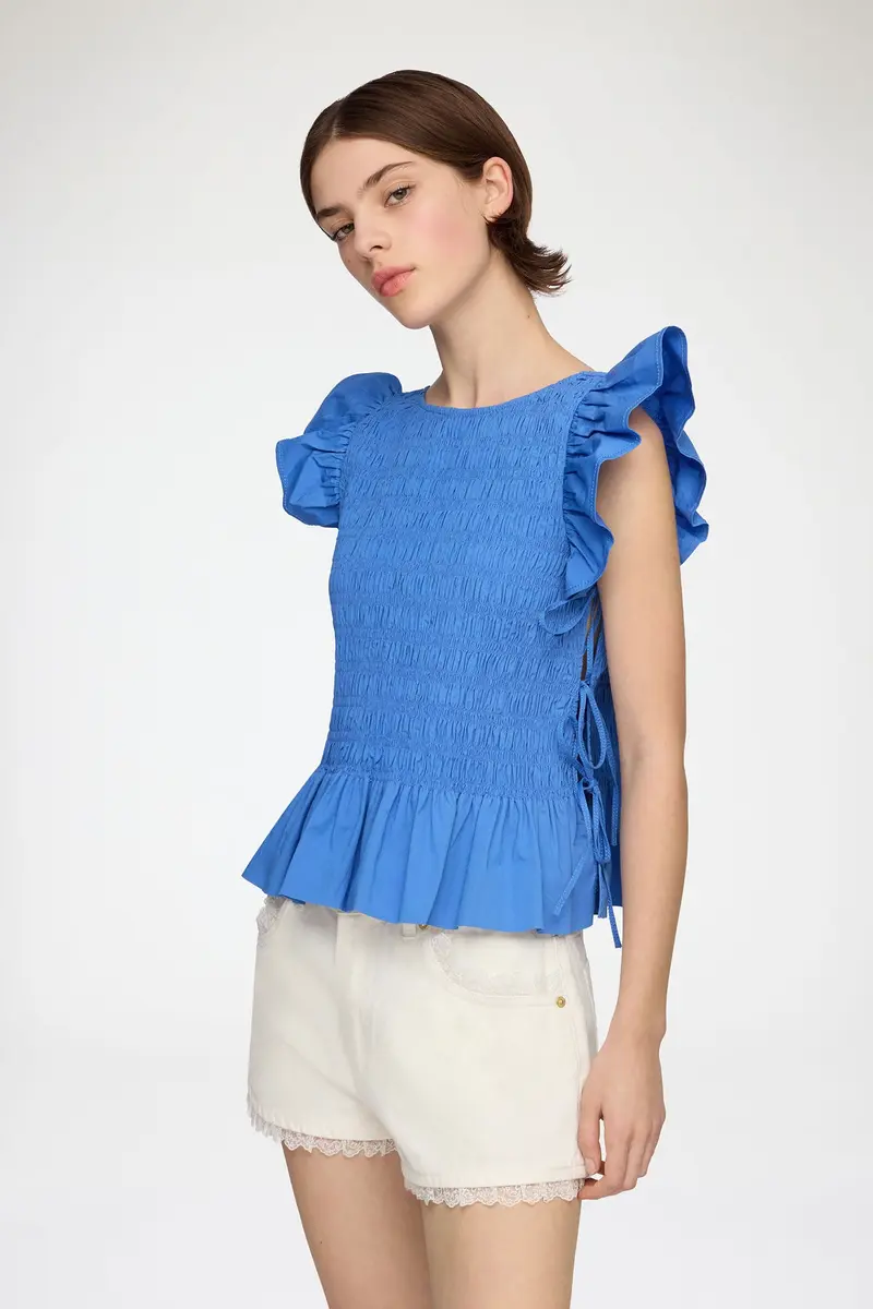 Stretch Cotton Angel Sleeve Smocked Top Marina