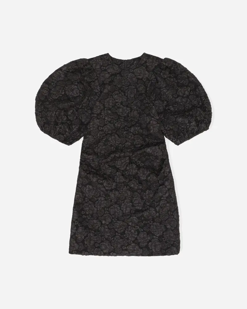 Stretch Jacquard Puff Sleeves Mini Dress - Black