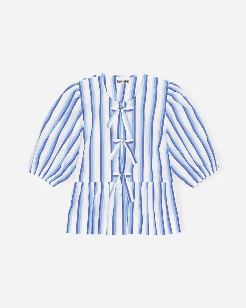 Stripe Cotton Peplum Puff Sleeve Blouse - Silver Lake Blue