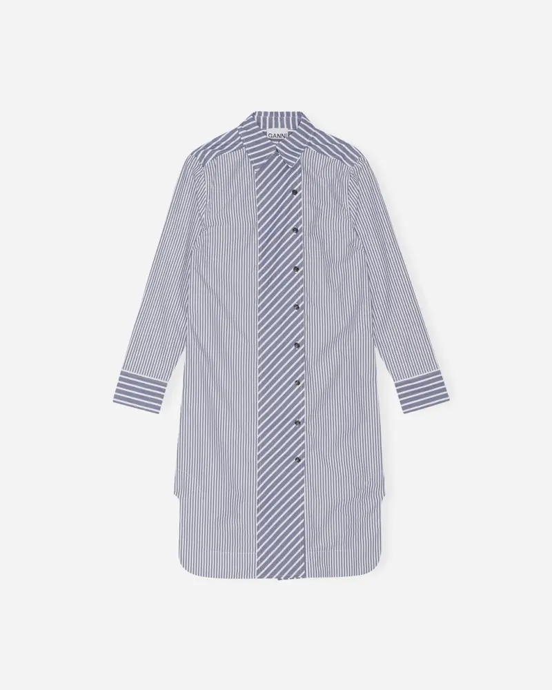 Stripe Cotton Shirt Dress - Gray Blue
