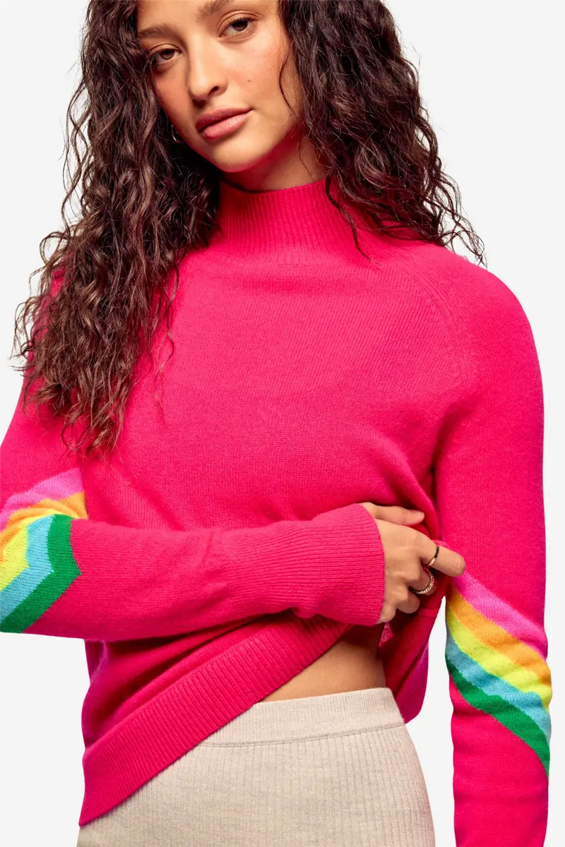 Striped Mock-Neck Sweater Raspberry Pink