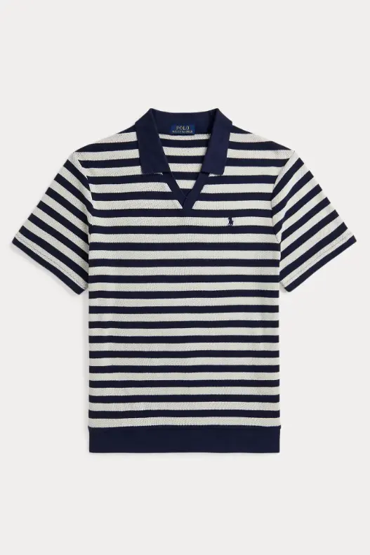 Striped Pointelle-Ribbed Polo Shirt Navy/Pale Cream
