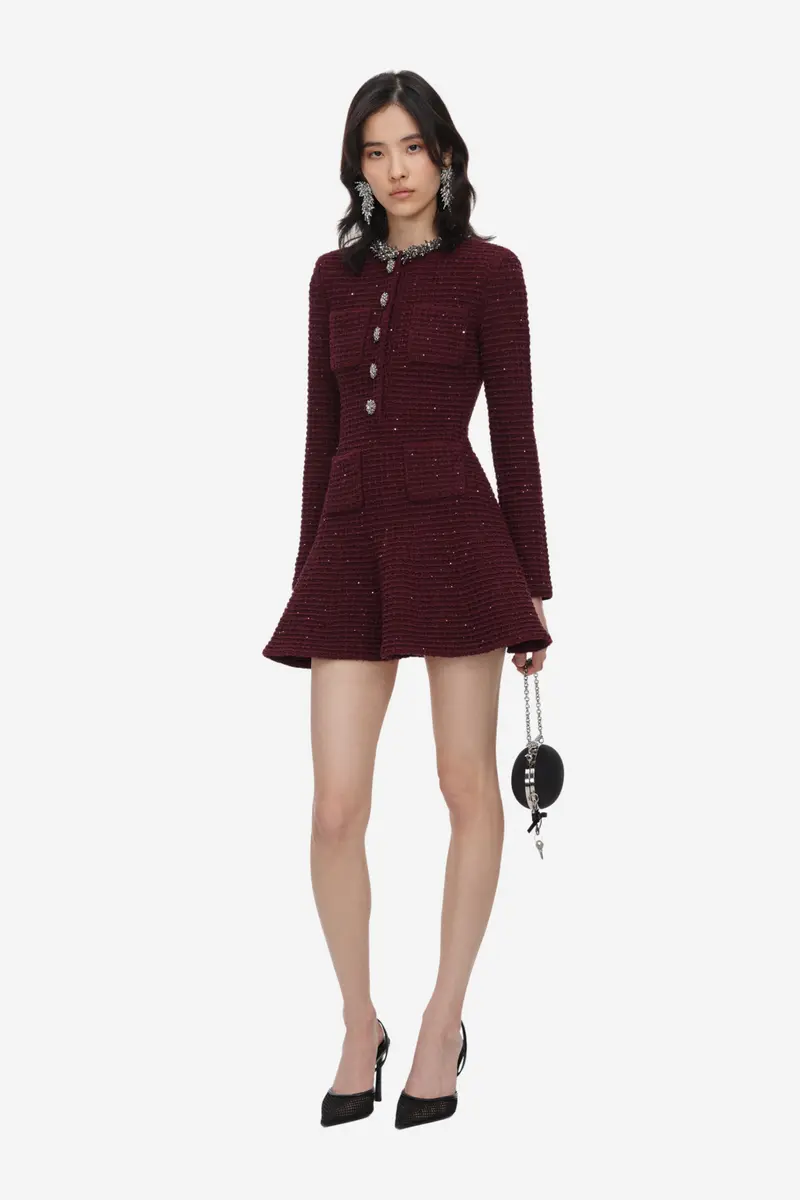 Textured Knit Embellished Mini Dress Burgundy