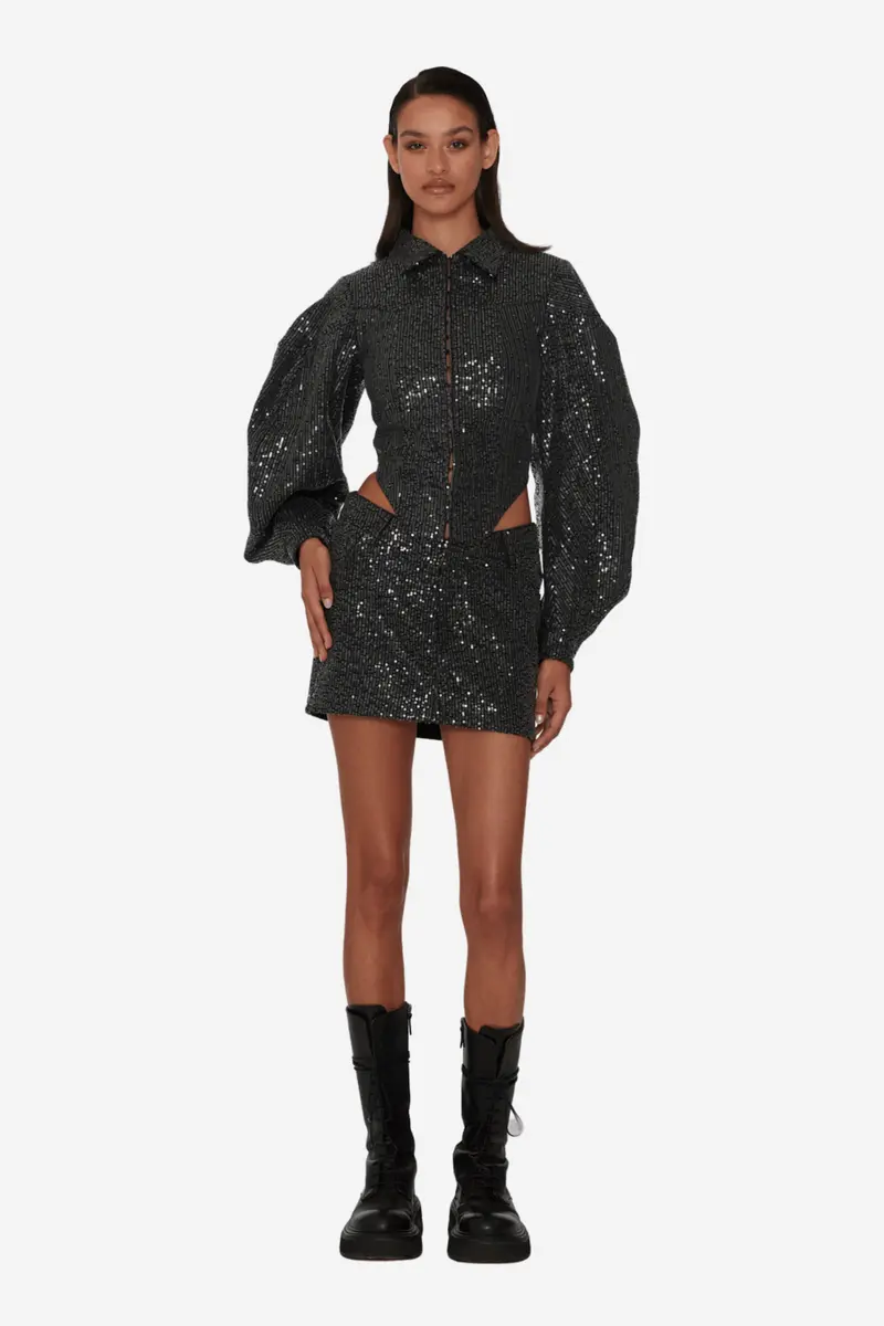 Twill Sequin Mini Skirt Black