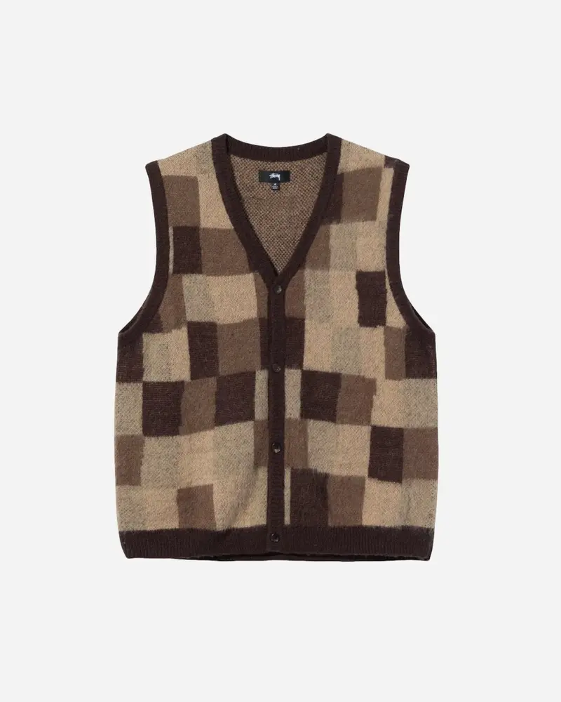 Wobbly Check Sweater Vest - Brown