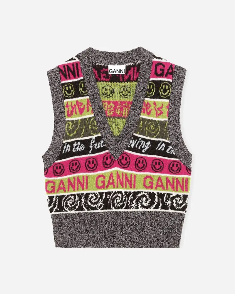 Wool Mix Knit V-neck Vest - Milticolour