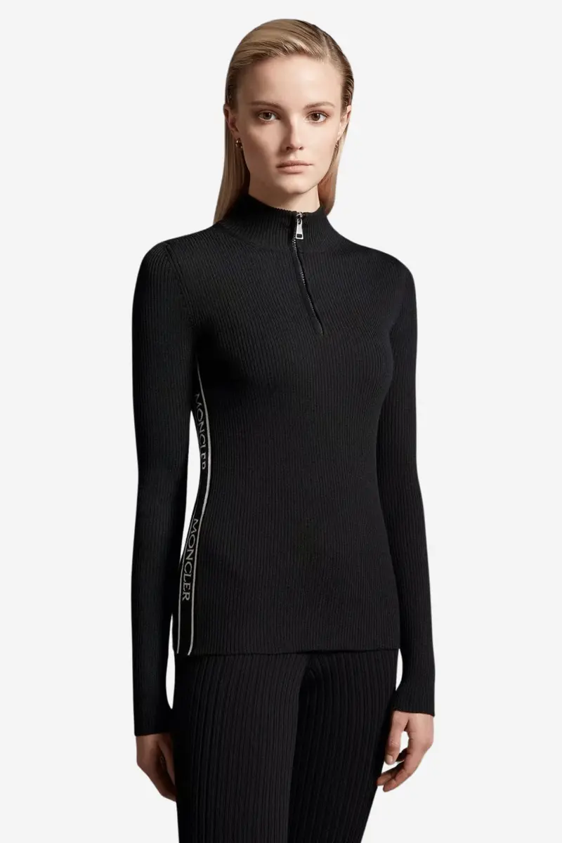 Wool Zip-Up Polo Neck Jumper Black