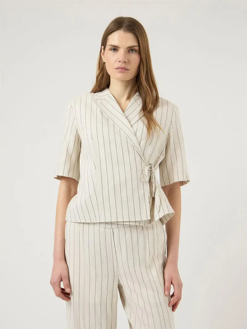 YasLinura Linen Blend Blazer - Pristine Pinstripe