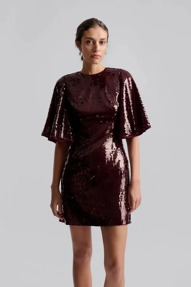 Yvette Wide Sleeve Sequin Mini Dress Deep Red