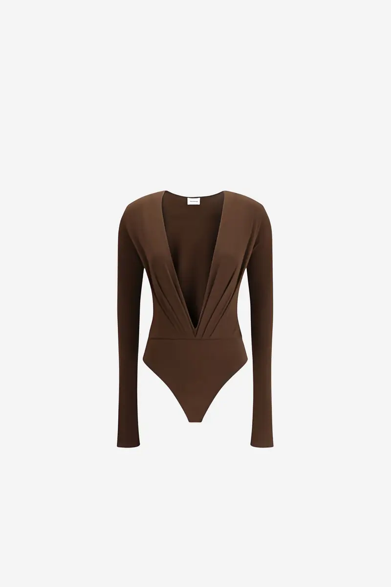 Zelda Bodysuit Deep V Neck Dark Brown