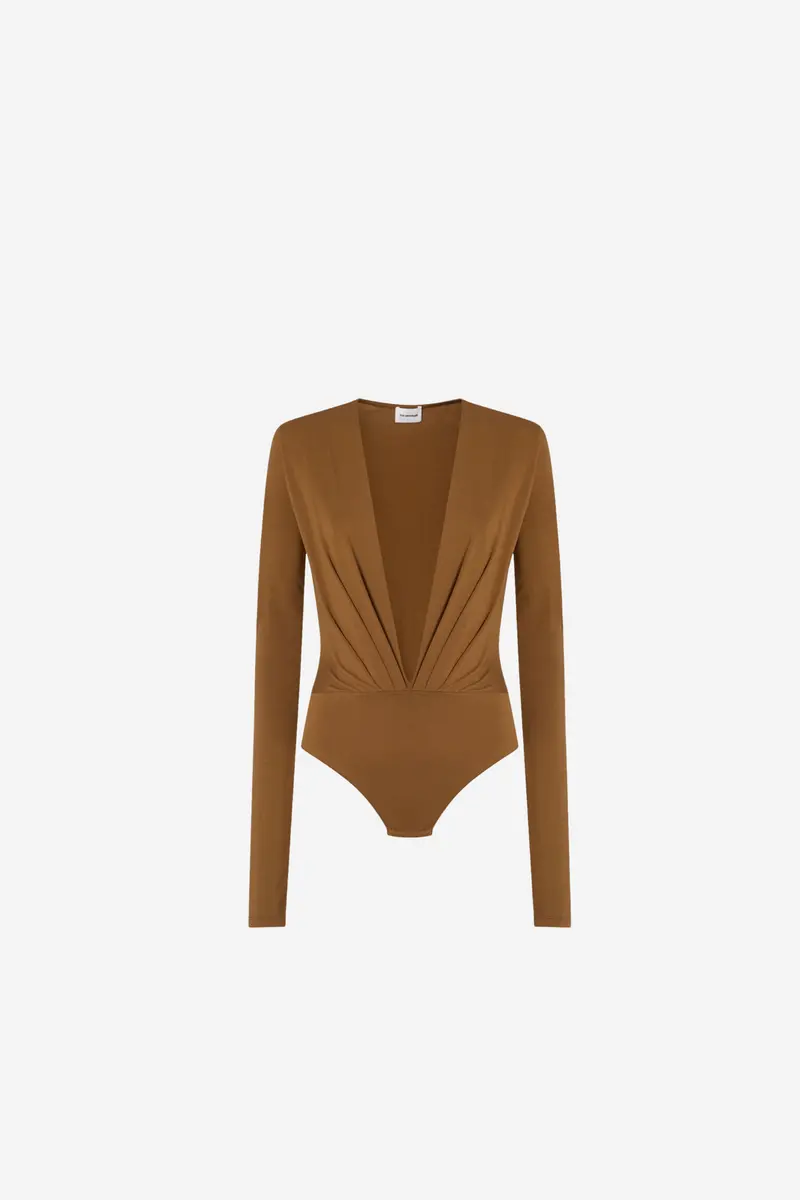 Zelda Jersey Bodysuit Deep V Neck Cigar