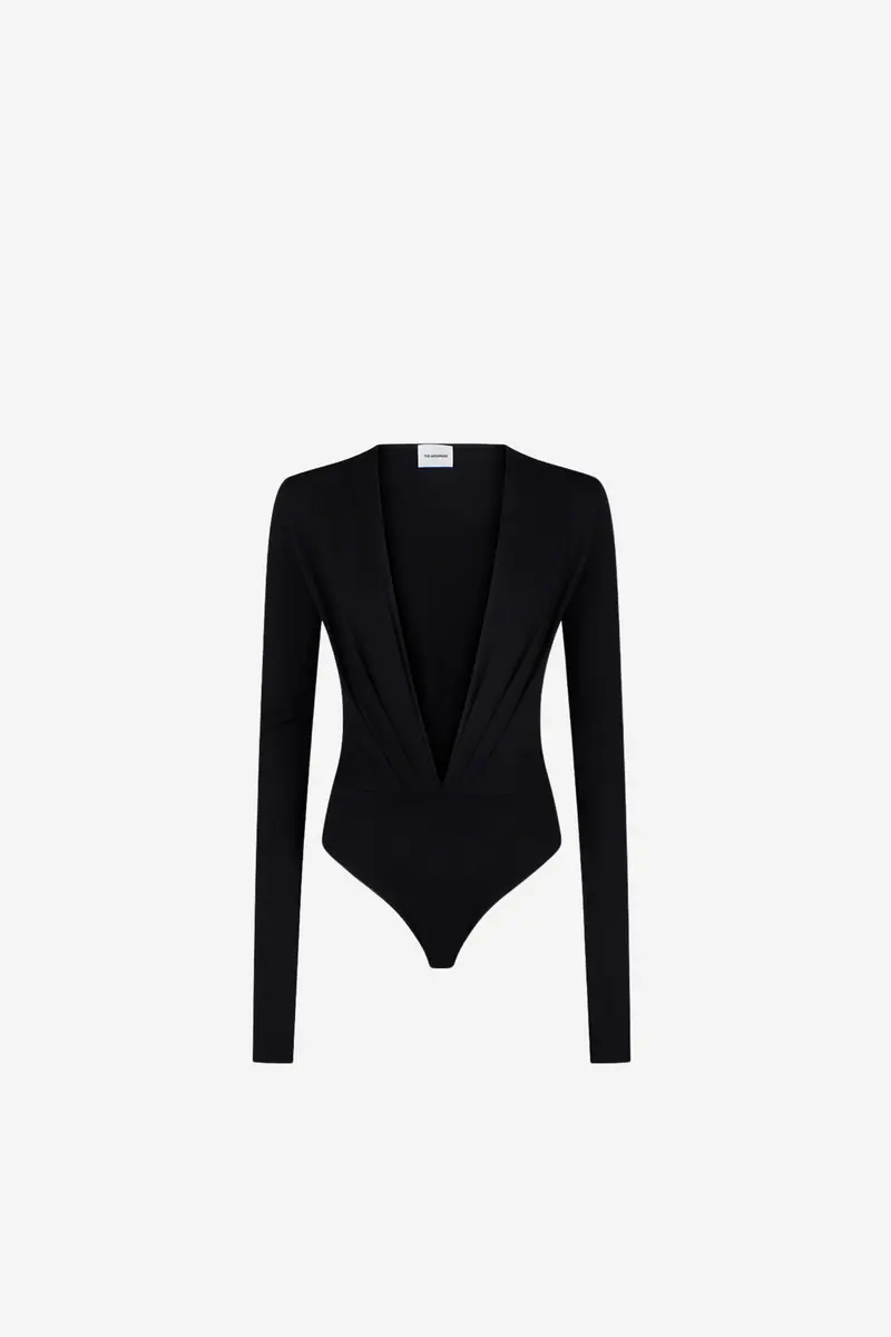 Zelda Shiny Lycra Bodysuit Deep V Neck Black