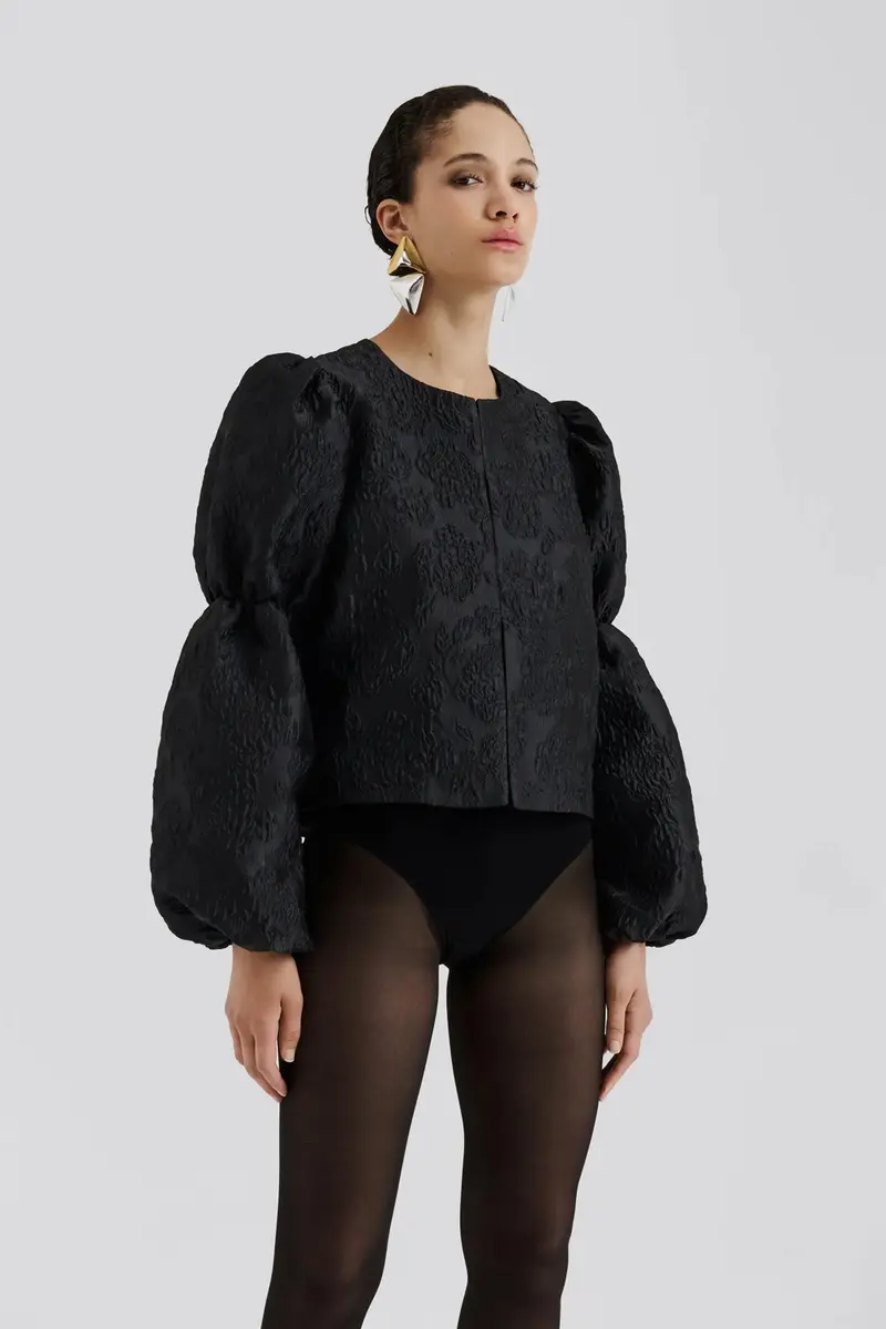 Zoey Double Pouf Sleeve Blouse Black Jacquard